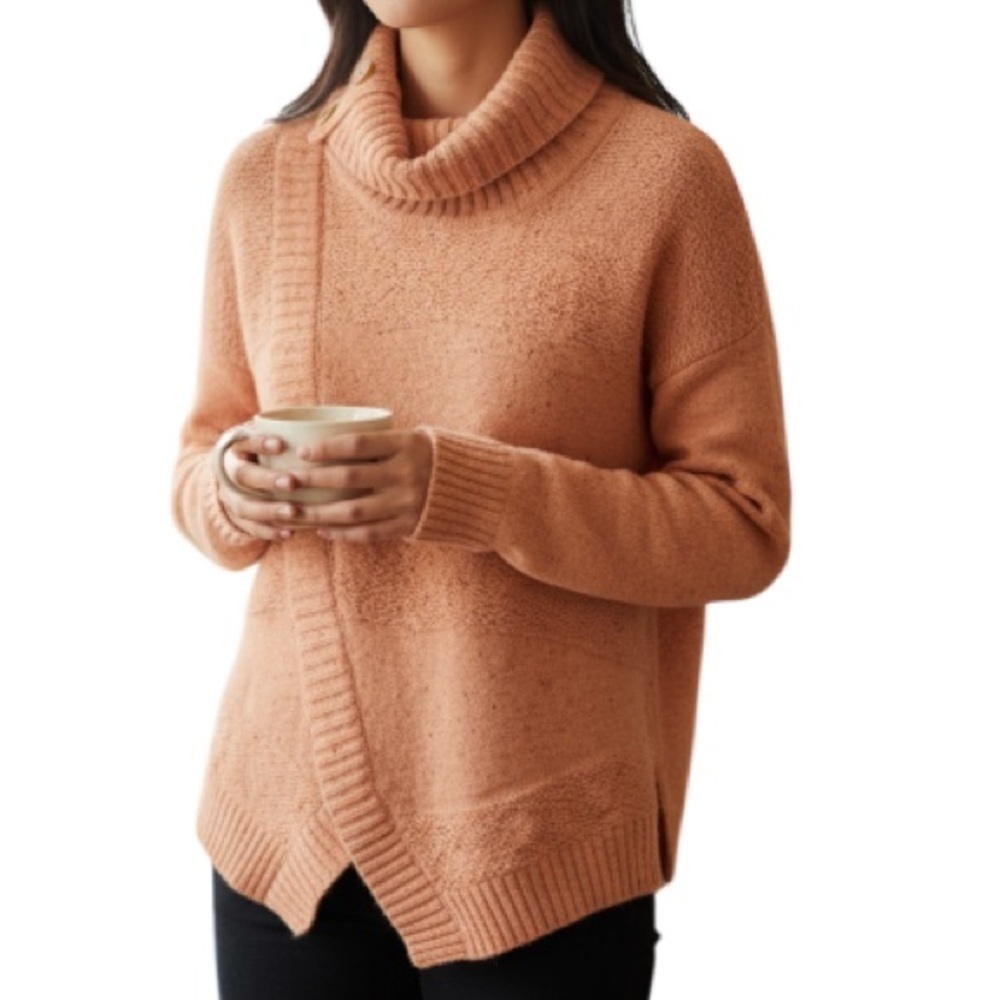 NORTHERN REFLECTIONS Peach Slub Knit Sweater Turtleneck Split Hem Coastal S